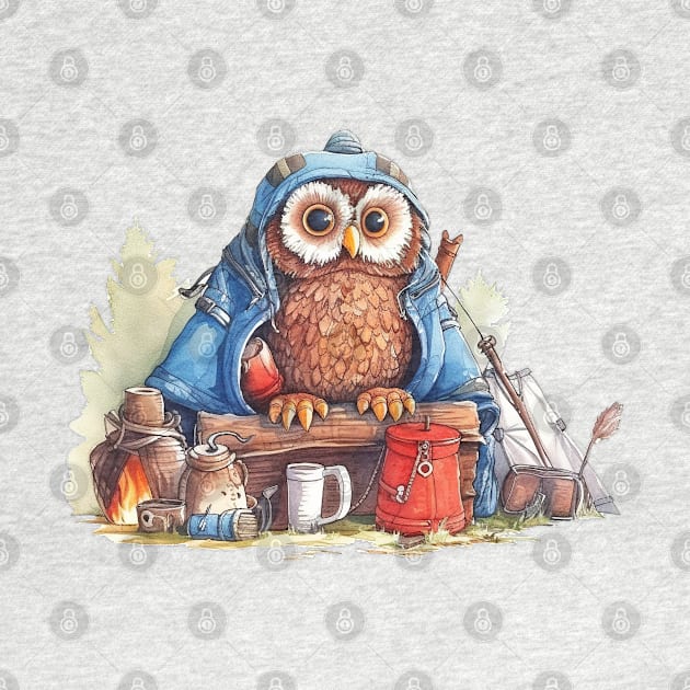 Watercolor Camping Owl #4 by Chromatic Fusion Studio